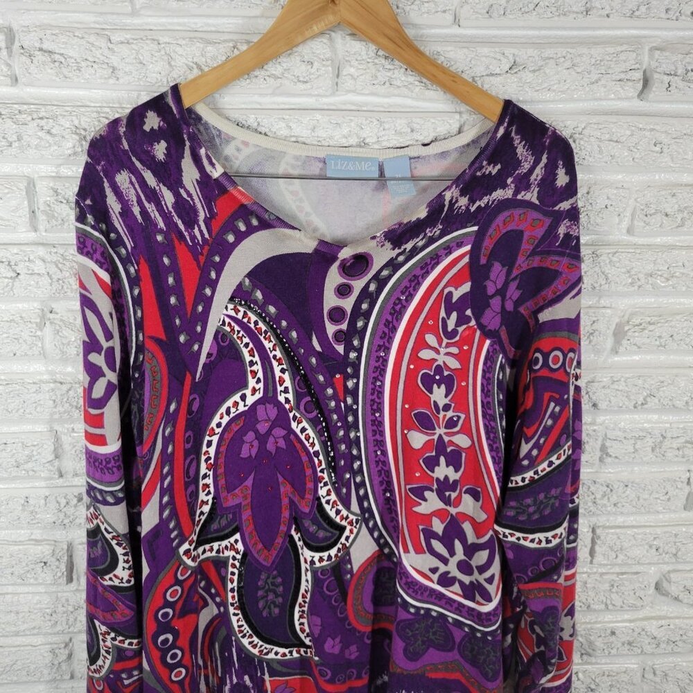 Liz & Me Women's 3X Plus Purple Red Knit Geometric Blouse Rhinestone GEO198E - Picture 3 of 8